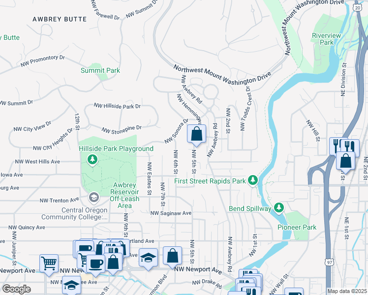 map of restaurants, bars, coffee shops, grocery stores, and more near 642 Northwest Morelock Court in Bend