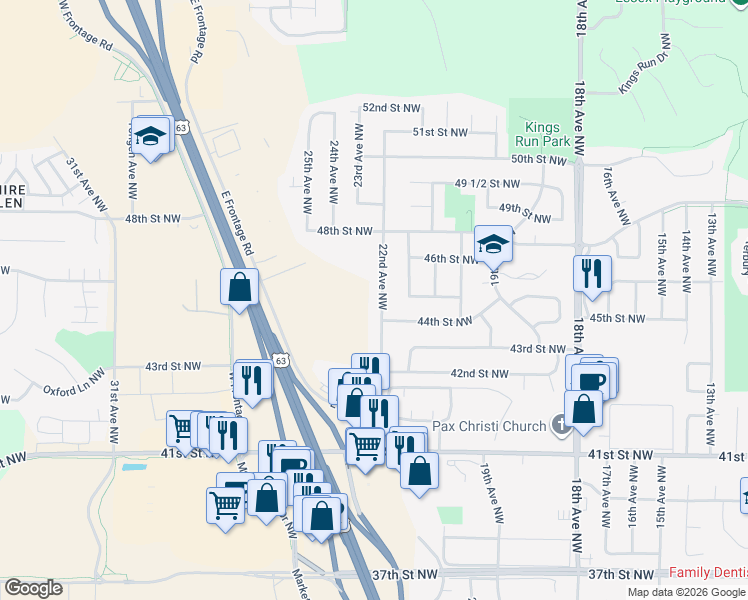 map of restaurants, bars, coffee shops, grocery stores, and more near 4427 22nd Avenue Northwest in Rochester