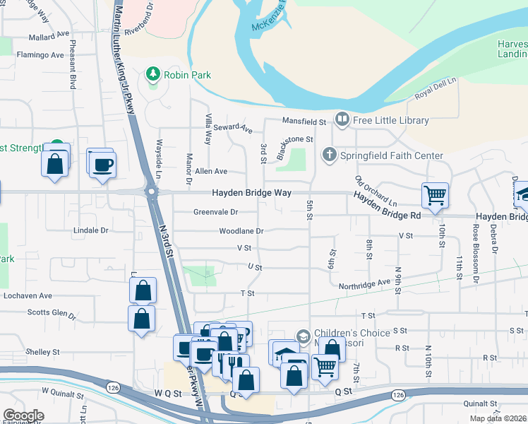 map of restaurants, bars, coffee shops, grocery stores, and more near 2450 Grovedale Drive in Springfield
