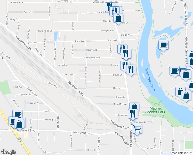 map of restaurants, bars, coffee shops, grocery stores, and more near 110 Alberta Lane in Eugene
