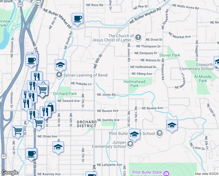 map of restaurants, bars, coffee shops, grocery stores, and more near 1083 Hobbs Court in Bend