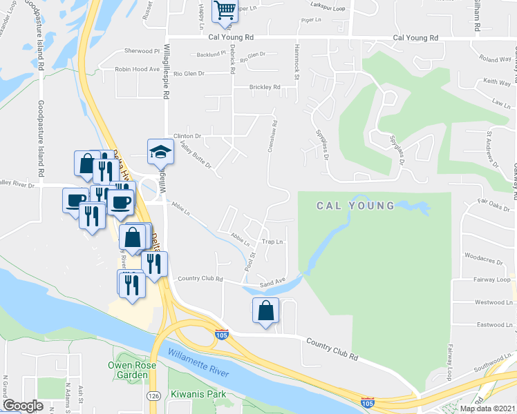 map of restaurants, bars, coffee shops, grocery stores, and more near 1183 Lantern Lane in Eugene
