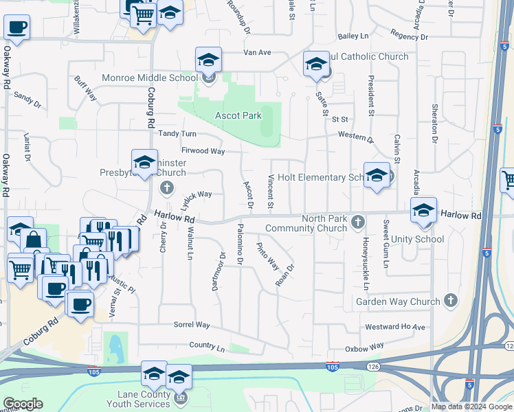 map of restaurants, bars, coffee shops, grocery stores, and more near 725 Ascot Dr in Eugene