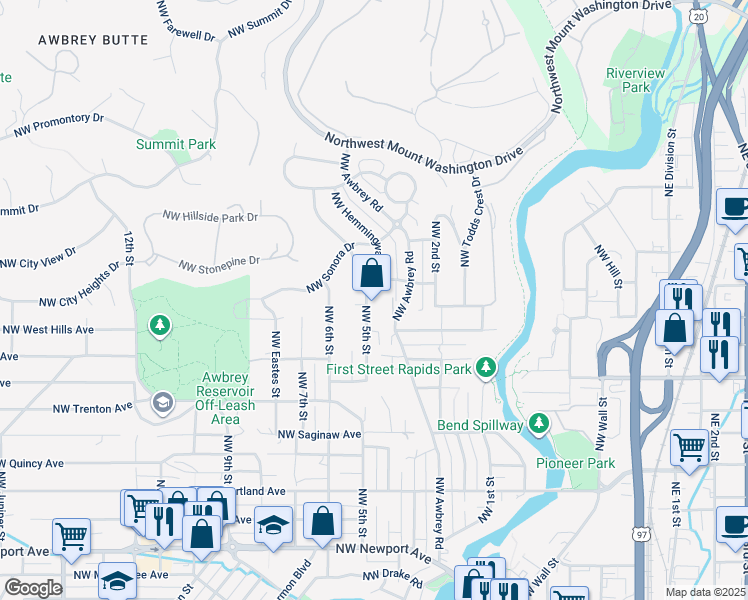 map of restaurants, bars, coffee shops, grocery stores, and more near 2352 Northwest 5th Street in Bend