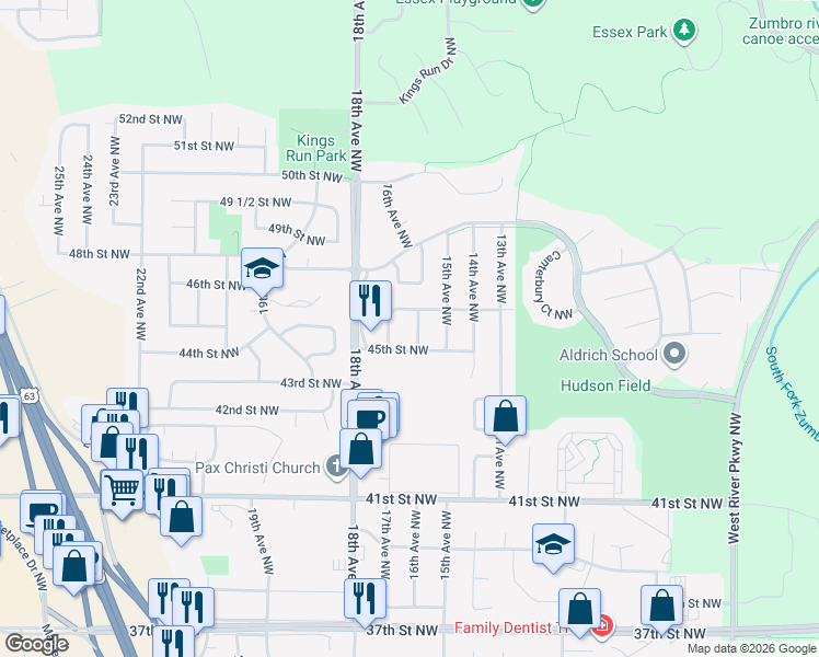 map of restaurants, bars, coffee shops, grocery stores, and more near 4515 16th Avenue Northwest in Rochester