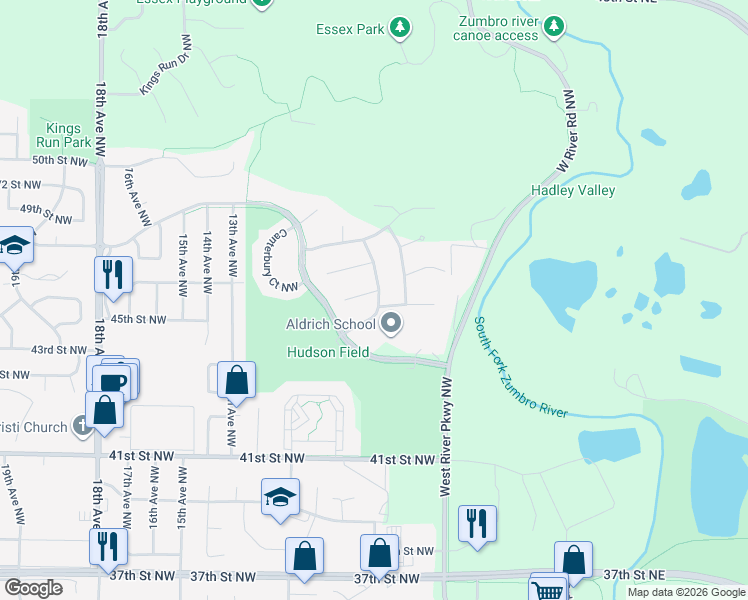 map of restaurants, bars, coffee shops, grocery stores, and more near 4548 Cornwall Drive Northwest in Rochester