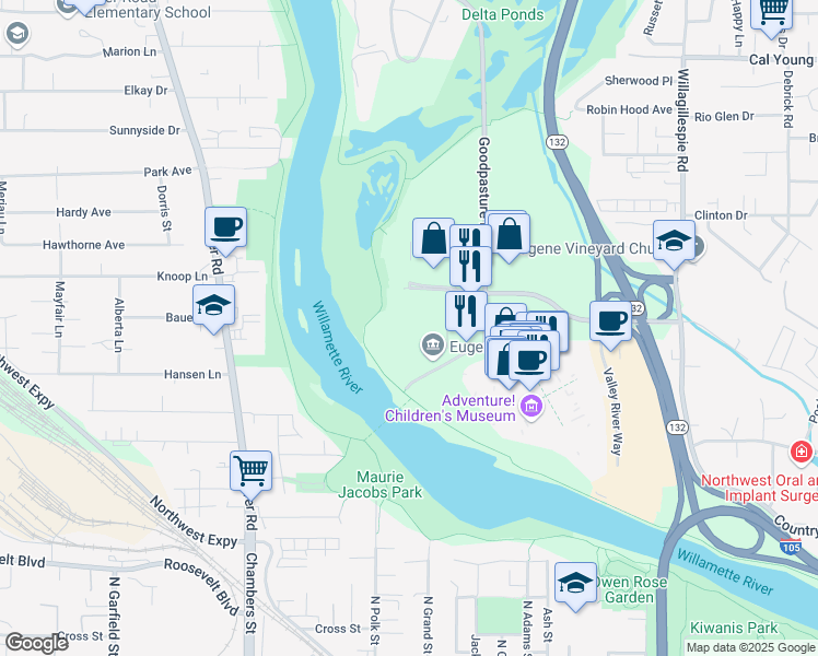 map of restaurants, bars, coffee shops, grocery stores, and more near 1600 Executive Parkway in Eugene