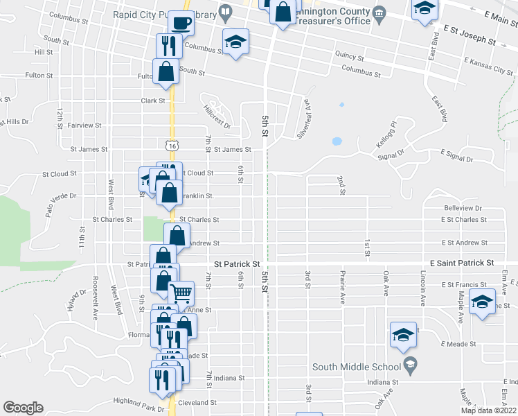 map of restaurants, bars, coffee shops, grocery stores, and more near 1613 5th Street in Rapid City