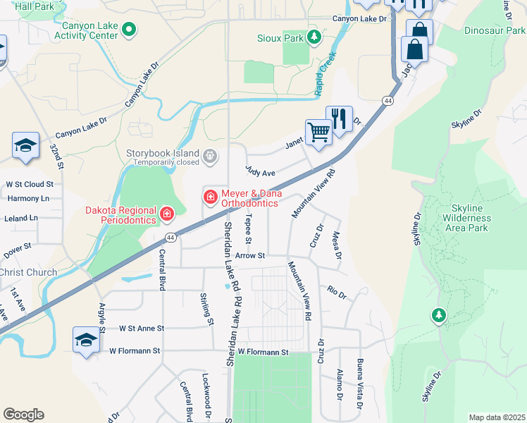 map of restaurants, bars, coffee shops, grocery stores, and more near 1713 Lodge Street in Rapid City