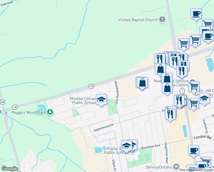 map of restaurants, bars, coffee shops, grocery stores, and more near 83 Thatcher Crescent in East Gwillimbury