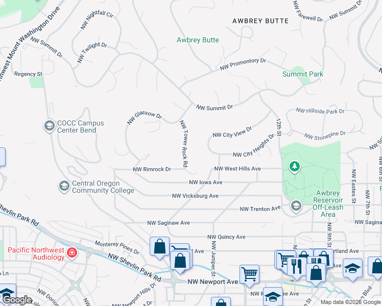 map of restaurants, bars, coffee shops, grocery stores, and more near 2334 Northwest Tower Rock Road in Bend