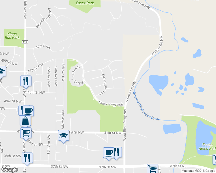 map of restaurants, bars, coffee shops, grocery stores, and more near 4548 Cornwall Drive Northwest in Rochester