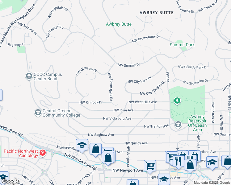 map of restaurants, bars, coffee shops, grocery stores, and more near 2334 Northwest Tower Rock Road in Bend