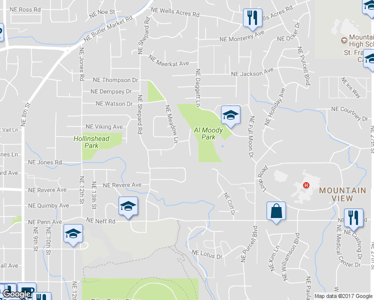 map of restaurants, bars, coffee shops, grocery stores, and more near 2043 Northeast Bluebird Court in Bend