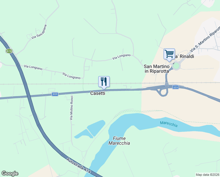 map of restaurants, bars, coffee shops, grocery stores, and more near 215 Via Emilia in Provincia di Rimini