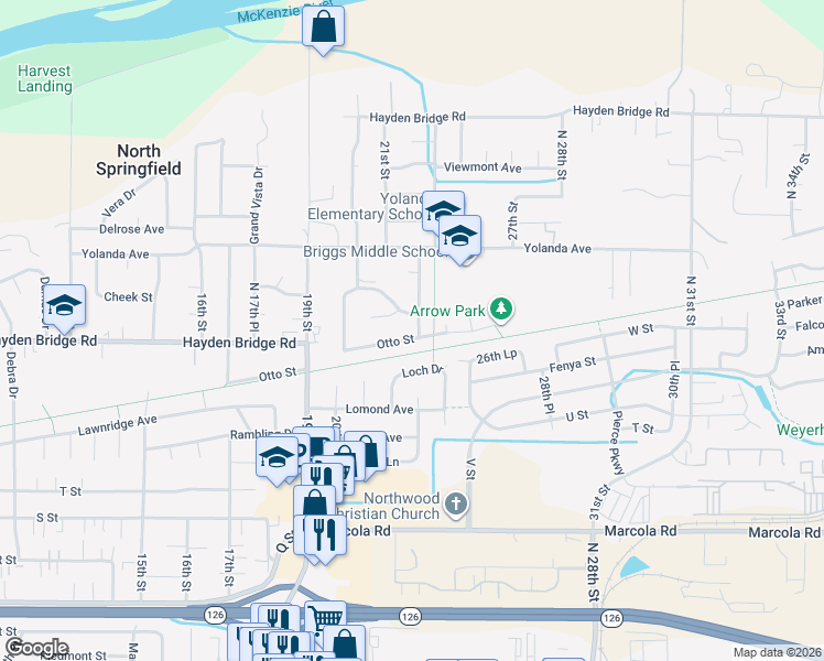 map of restaurants, bars, coffee shops, grocery stores, and more near 2368 Corral Drive in Springfield