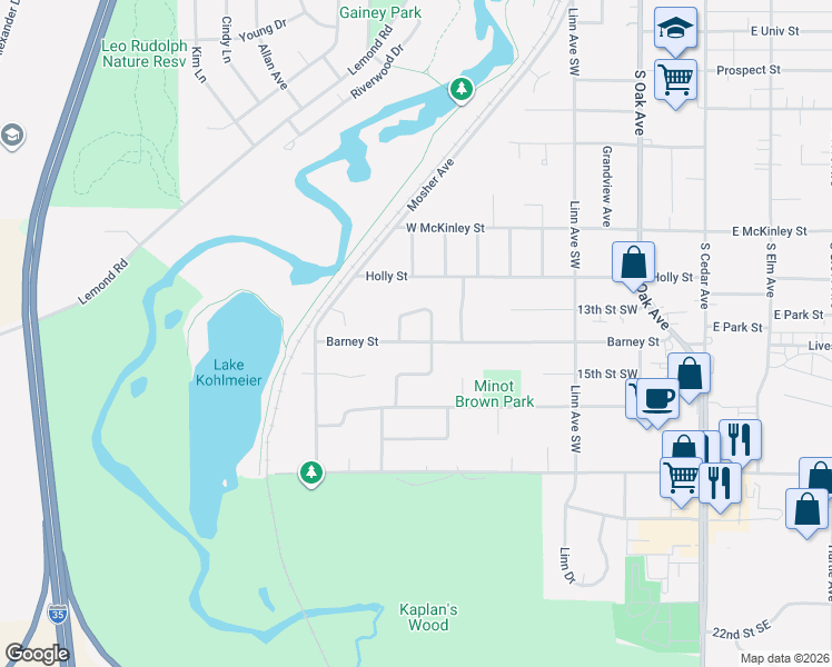 map of restaurants, bars, coffee shops, grocery stores, and more near 1490 Sunset Drive Southwest in Owatonna