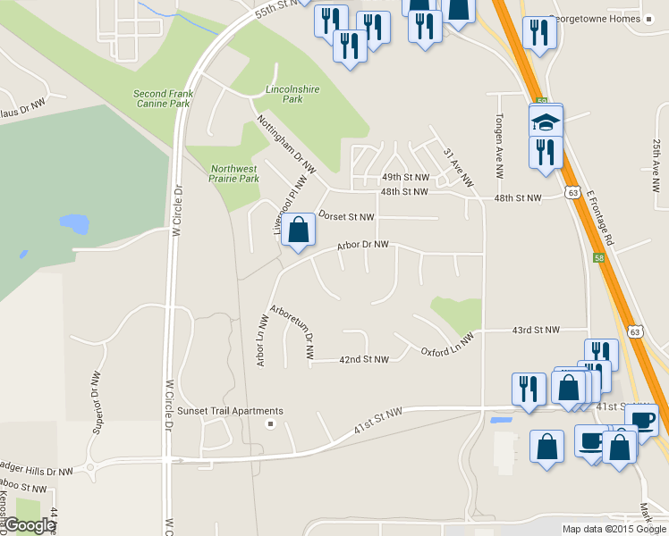 map of restaurants, bars, coffee shops, grocery stores, and more near 4519 Avon Ln NW in Rochester