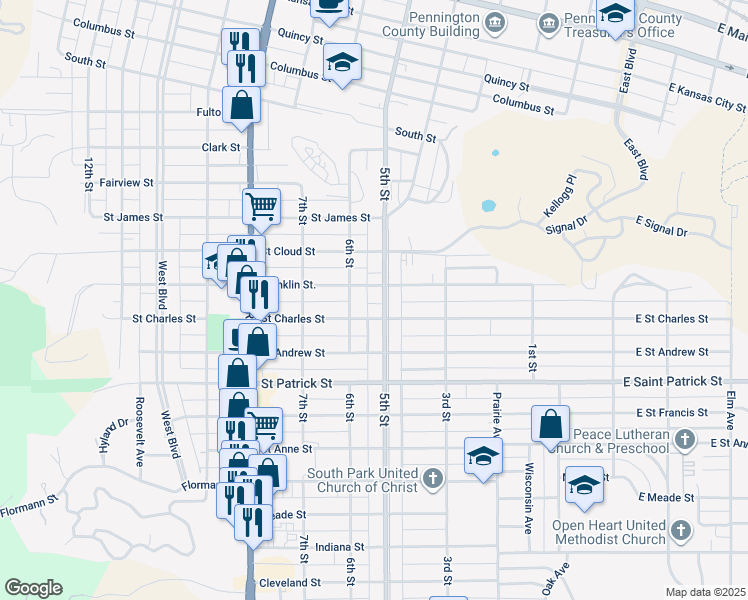 map of restaurants, bars, coffee shops, grocery stores, and more near 1613 5th Street in Rapid City