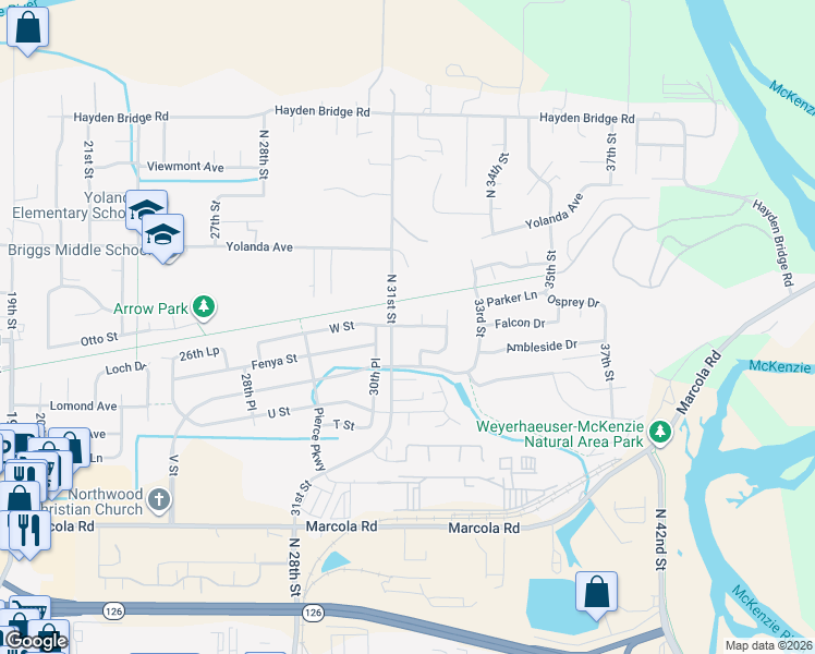 map of restaurants, bars, coffee shops, grocery stores, and more near 3143 W Street in Springfield