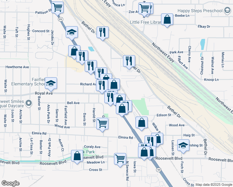 map of restaurants, bars, coffee shops, grocery stores, and more near 769 Oregon 99 in Eugene