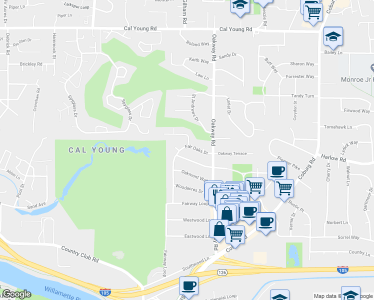 map of restaurants, bars, coffee shops, grocery stores, and more near 731 Fair Oaks Drive in Eugene