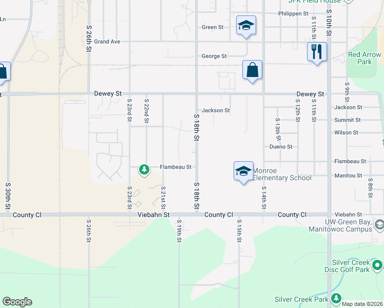 map of restaurants, bars, coffee shops, grocery stores, and more near 2376 South 18th Street in Manitowoc