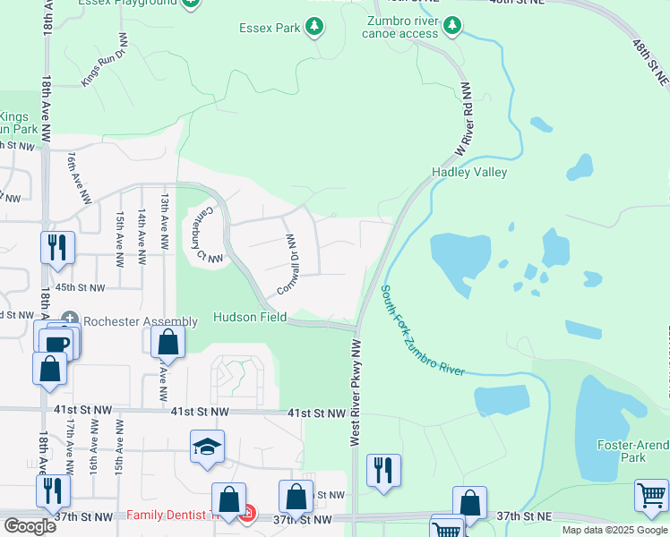 map of restaurants, bars, coffee shops, grocery stores, and more near 857 Brighton Drive Northwest in Rochester