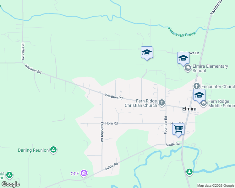 map of restaurants, bars, coffee shops, grocery stores, and more near 24747 Warthen Road in Elmira