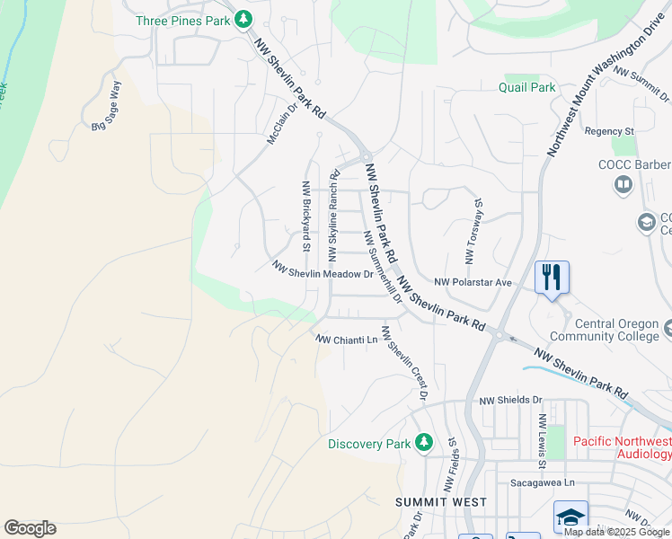 map of restaurants, bars, coffee shops, grocery stores, and more near 2980 Northwest Shevlin Meadow Drive in Bend