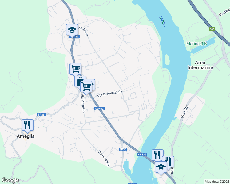 map of restaurants, bars, coffee shops, grocery stores, and more near 25 Via G. Amendola in Ameglia