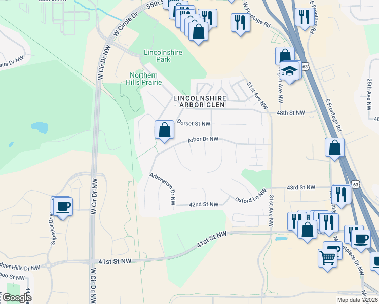 map of restaurants, bars, coffee shops, grocery stores, and more near 4519 Avon Lane Northwest in Rochester