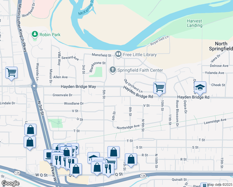 map of restaurants, bars, coffee shops, grocery stores, and more near 620 Hayden Bridge Place in Springfield