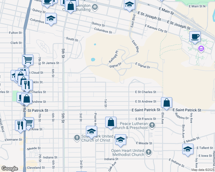map of restaurants, bars, coffee shops, grocery stores, and more near 1616 1st Street in Rapid City
