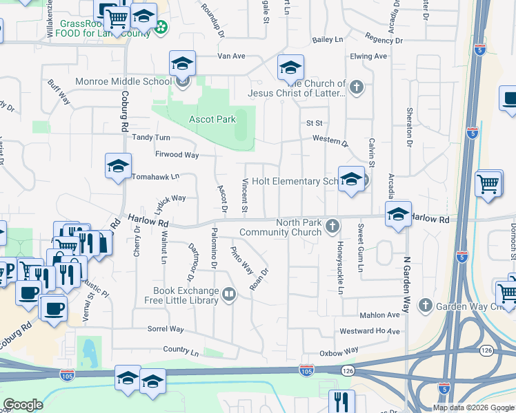 map of restaurants, bars, coffee shops, grocery stores, and more near 756 Leigh Street in Eugene