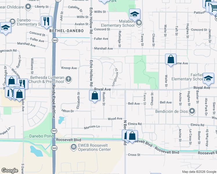 map of restaurants, bars, coffee shops, grocery stores, and more near 4055 Royal Avenue in Eugene