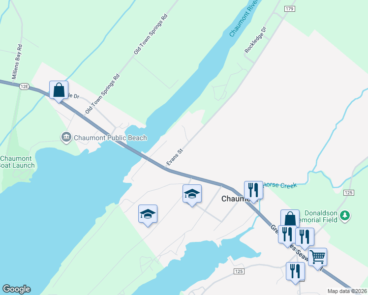 map of restaurants, bars, coffee shops, grocery stores, and more near Evans Street in Chaumont