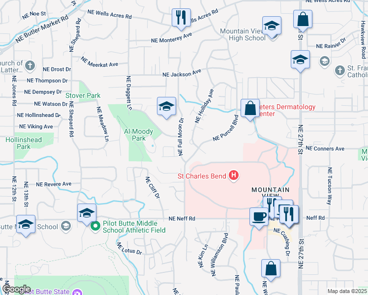 map of restaurants, bars, coffee shops, grocery stores, and more near 1941 Northeast Purcell Boulevard in Bend