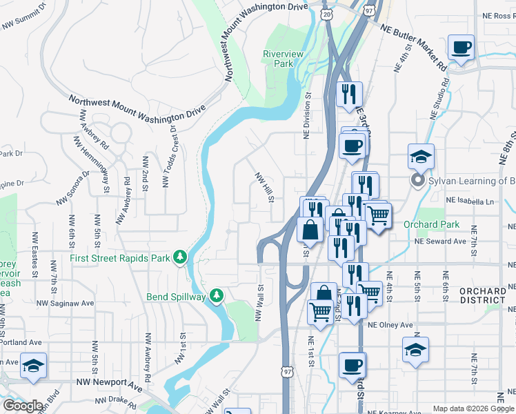 map of restaurants, bars, coffee shops, grocery stores, and more near 2040 Northwest Harriman Street in Bend