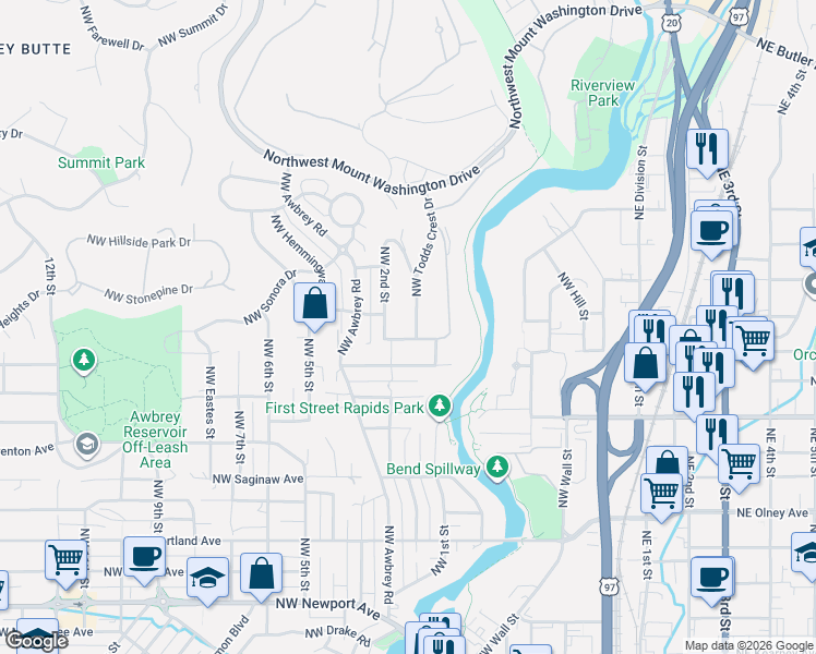 map of restaurants, bars, coffee shops, grocery stores, and more near 158 Northwest Black Hawk Avenue in Bend