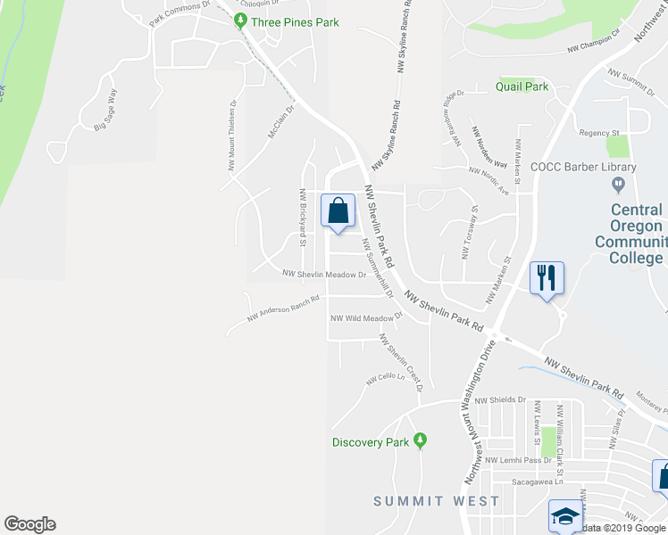 map of restaurants, bars, coffee shops, grocery stores, and more near 2381 Northwest Skyline Ranch Road in Bend