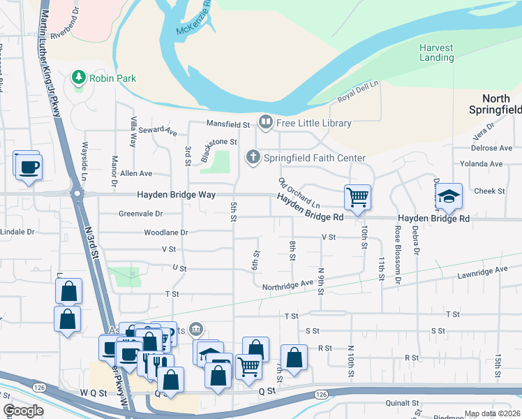 map of restaurants, bars, coffee shops, grocery stores, and more near 620 Hayden Bridge Place in Springfield