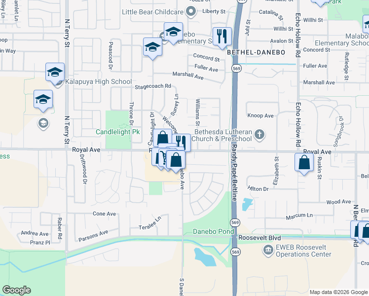 map of restaurants, bars, coffee shops, grocery stores, and more near 4710 Royal Avenue in Eugene