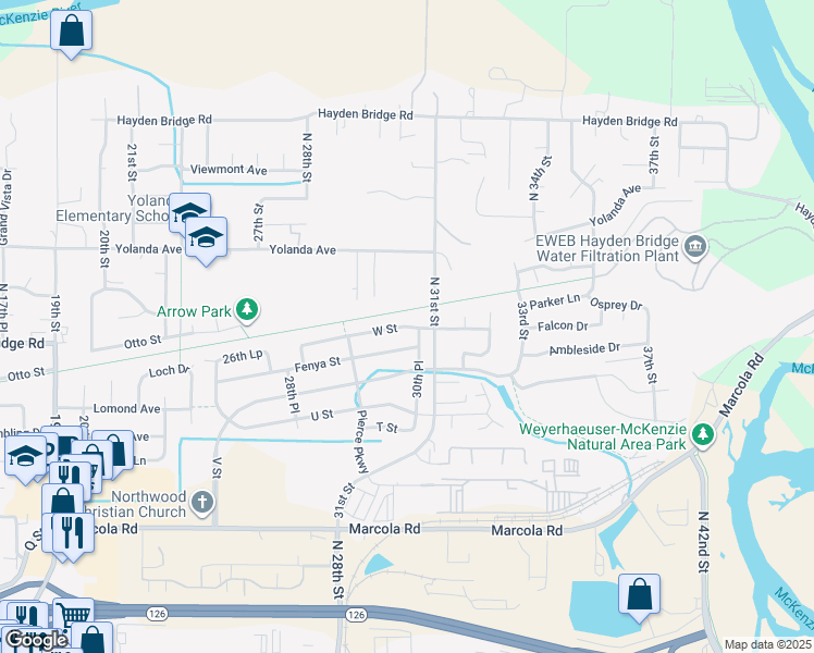 map of restaurants, bars, coffee shops, grocery stores, and more near 2886 W Street in Springfield