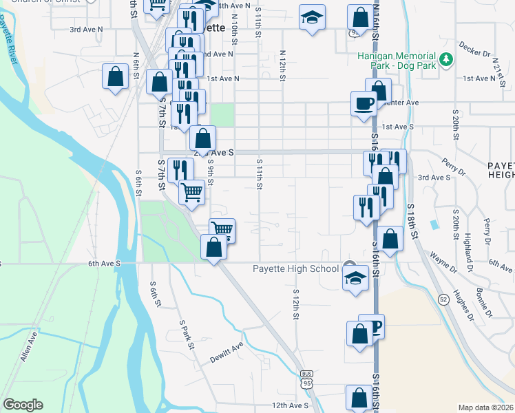 map of restaurants, bars, coffee shops, grocery stores, and more near 414 South 11th Street in Payette
