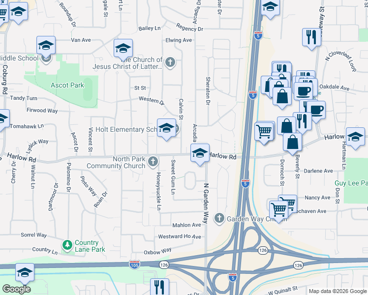 map of restaurants, bars, coffee shops, grocery stores, and more near 3623 Harlow Road in Eugene