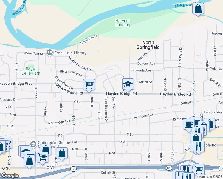 map of restaurants, bars, coffee shops, grocery stores, and more near 2425 Rose Blossom Drive in Springfield