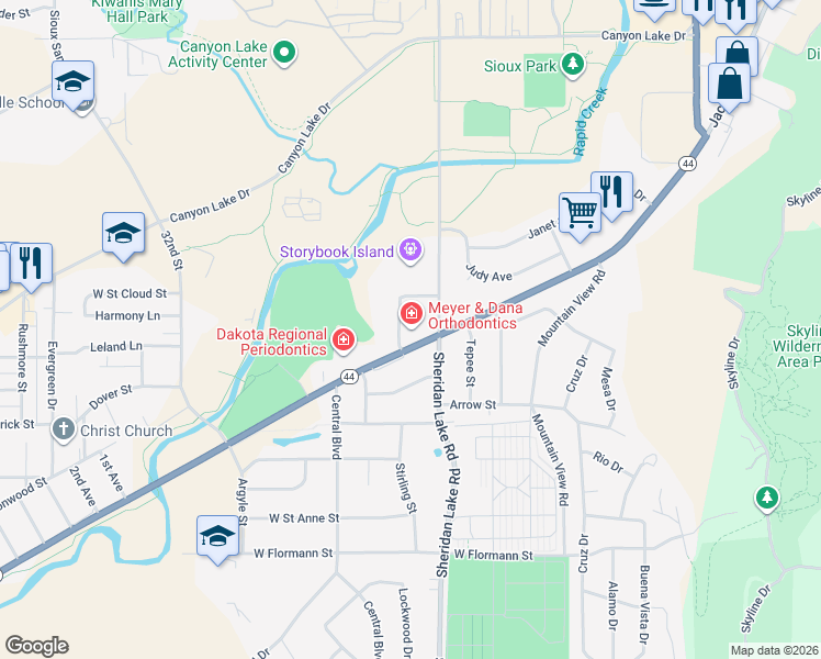 map of restaurants, bars, coffee shops, grocery stores, and more near 2620 Jackson Boulevard in Rapid City