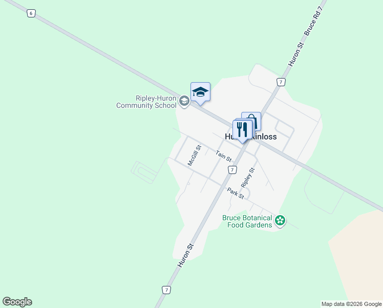 map of restaurants, bars, coffee shops, grocery stores, and more near 3 McGill Street in Ripley