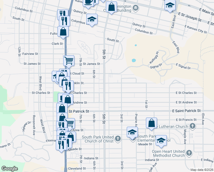 map of restaurants, bars, coffee shops, grocery stores, and more near 333 Franklin Street in Rapid City